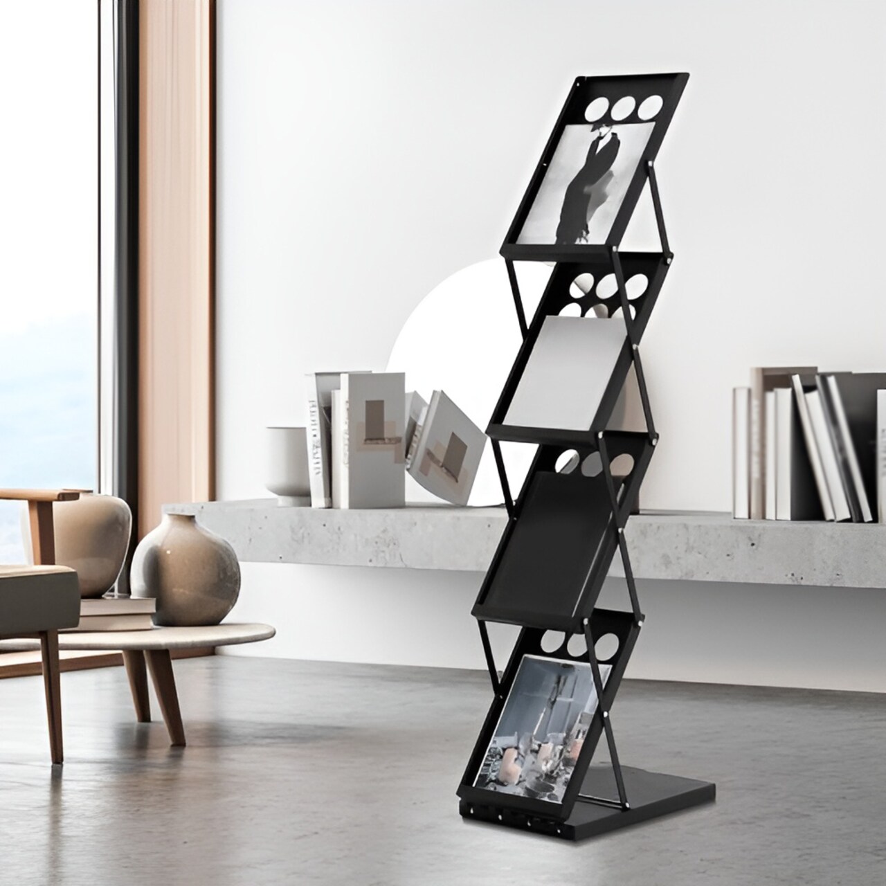 Foldable 4-Tier Magazine Display Rack with Carrying Bag, 4 Pockets